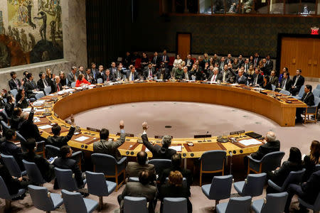 Members of the United Nations Security Council vote on an Egyptian-drafted resolution regarding recent decisions concerning the status of Jerusalem, during a meeting on the situation in the Middle East, including Palestine, at U.N. Headquarters in New York City, New York, U.S., December 18, 2017. REUTERS/Brendan McDermid