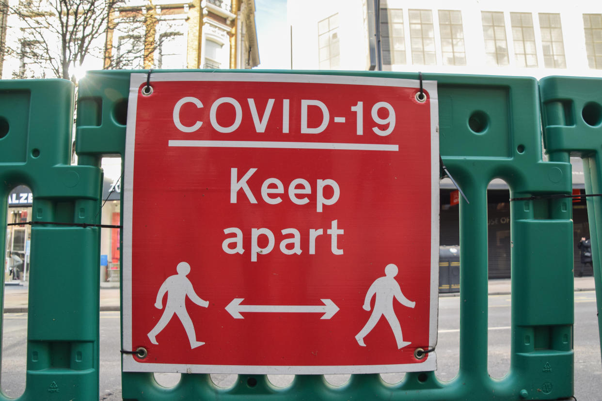 'COVID-19 Keep Apart' sign on Oxford Street, London.Most businesses remain shut in the UK as the nation continues to battle with the coronavirus pandemic. (Photo by Vuk Valcic/SOPA Images/LightRocket via Getty Images)