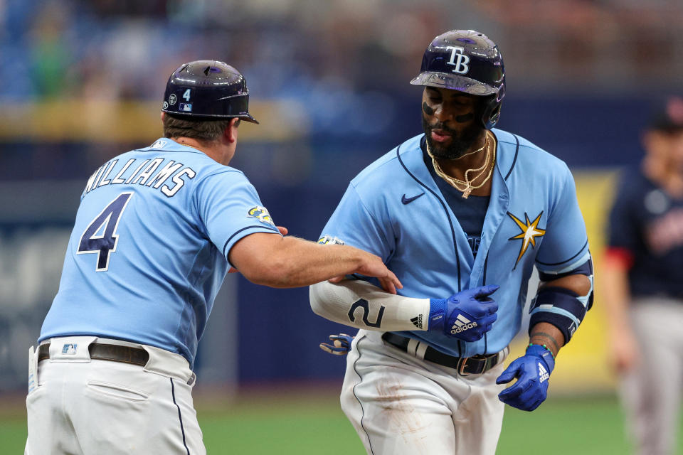 Yandy Diaz (R) and the Rays have been flexing their strength in April after starting the season 13-0. Tampa Bay clubbed an MLB-leading 35 homers through 15 games. (Nathan Ray Seebeck/USA TODAY Sports)