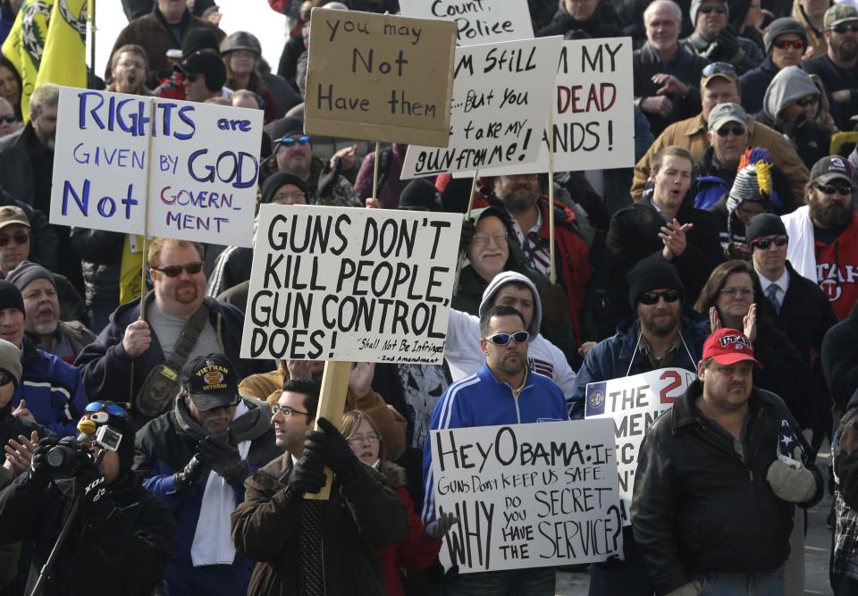 Gun-rights advocates gather outside the Utah Capitol during the National Gun Appreciation Day Rally on Jan. 19, 2013, in Salt Lake City. Gun owners and Second Amendment advocates rallied in state capitals nationwide Saturday, days after then-President Barack Obama unveiled a sweeping package of federal gun-control proposals.