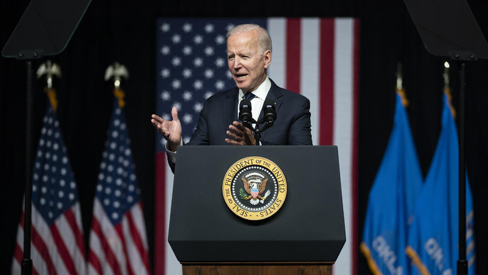 President Joe Biden speaks as he commemorates the 100th anniversary of the Tulsa race massacre, at the Greenwood Cultural Center, Tuesday, June 1, 2021, in Tulsa, Okla. (Evan Vucci/AP