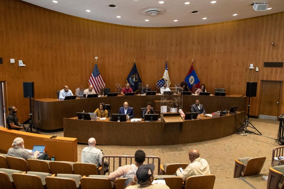 Detroit Reparation Task Force co-chair Keith Williams, center left, speaks, next to co-chair Lauren Hood during a meeting at Coleman A. Young Municipal Center in Detroit on Thursday, April 13, 2023.