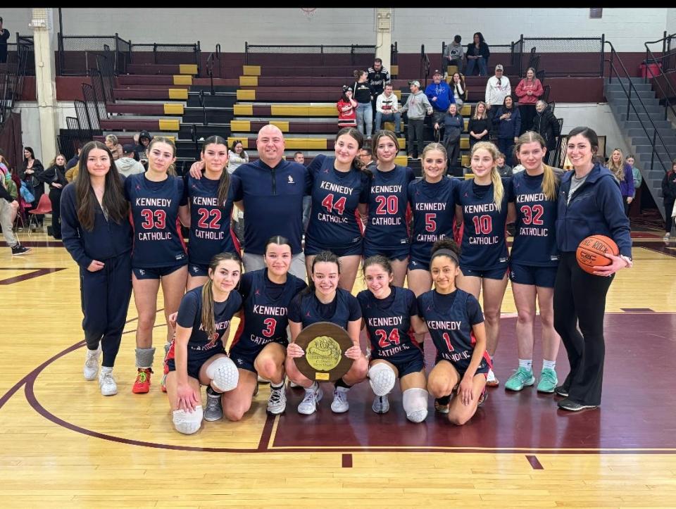 The Kennedy Catholic girls basketball team after it won its first ever CHSAA championship Feb. 25, 2024.jpg