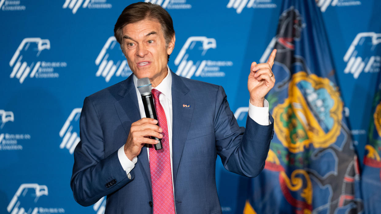 Republican U.S. Senate candidate Mehmet Oz at the microphone.