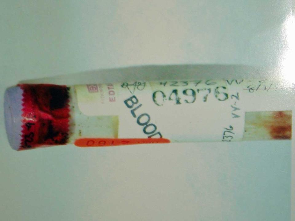 Kevin Cooper says this vial of blood was taken from him when he was arrested. In 2002, DNA test showed the presence of a second DNA profile in it. In 2019, when authorities went to test it again, it was empty. / Credit: San Diego Superior Court