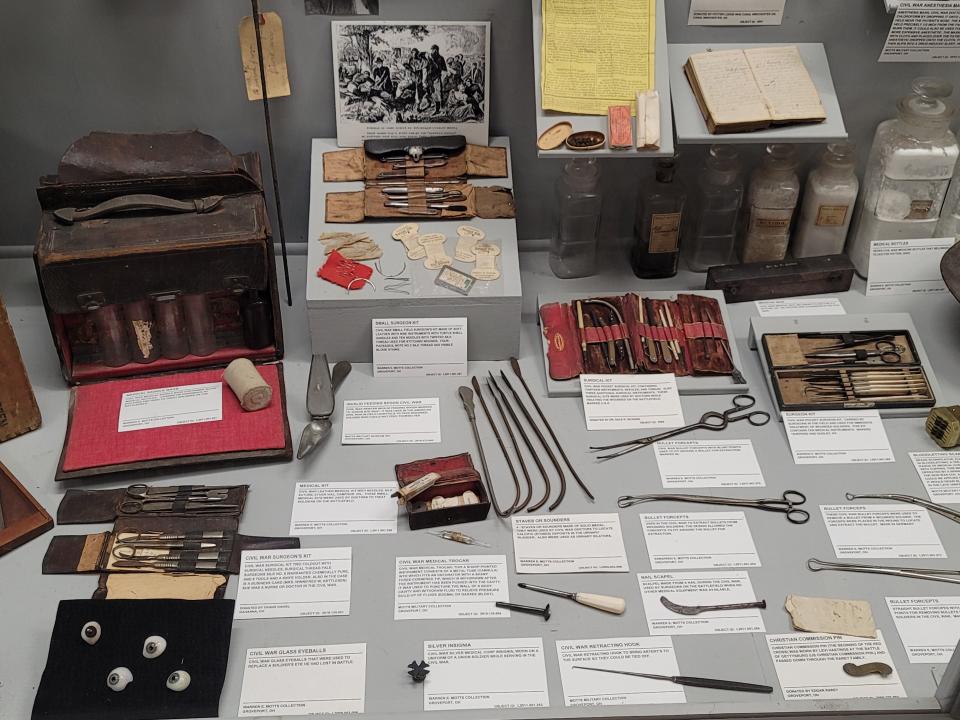 The Motts Military Museum in Groveport features artifacts from American conflicts including these medical instruments from the Civil War. Note the glass eyeballs at bottom left.