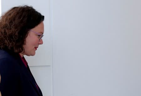SPD party leader Andrea Nahles is pictured as she leaves a party faction meeting for a break at the lower house of parliament Bundestag in Berlin