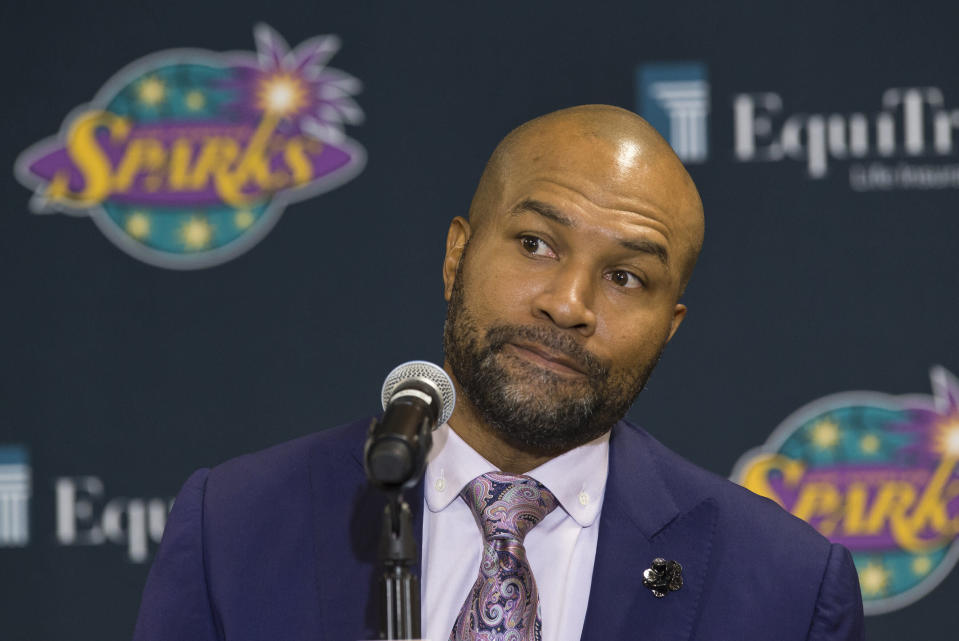 Los Angeles Sparks newly named head coach Derek Fisher takes questions during a news conference in Los Angeles, Friday, Dec. 7, 2018. (AP Photo/Damian Dovarganes)