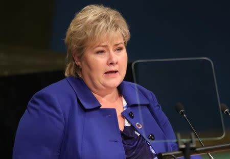 Prime Minister Erna Solberg of Norway addresses the United Nations General Assembly in the Manhattan borough of New York, U.S., September 22, 2016. REUTERS/Carlo Allegri