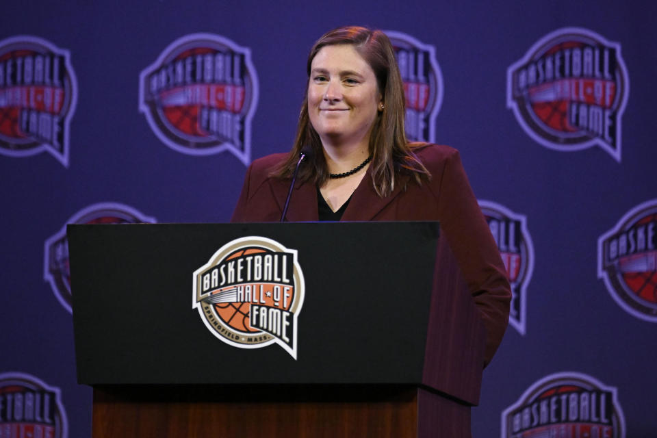 Basketball Hall of Fame Class of 2022 inductee Lindsay Whalen speaks at a news conference at Mohegan Sun, Friday, Sept. 9, 2022, in Uncasville, Conn. (AP Photo/Jessica Hill)