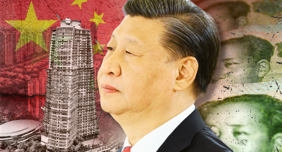 China president inset over top of a flag and building and China currency.