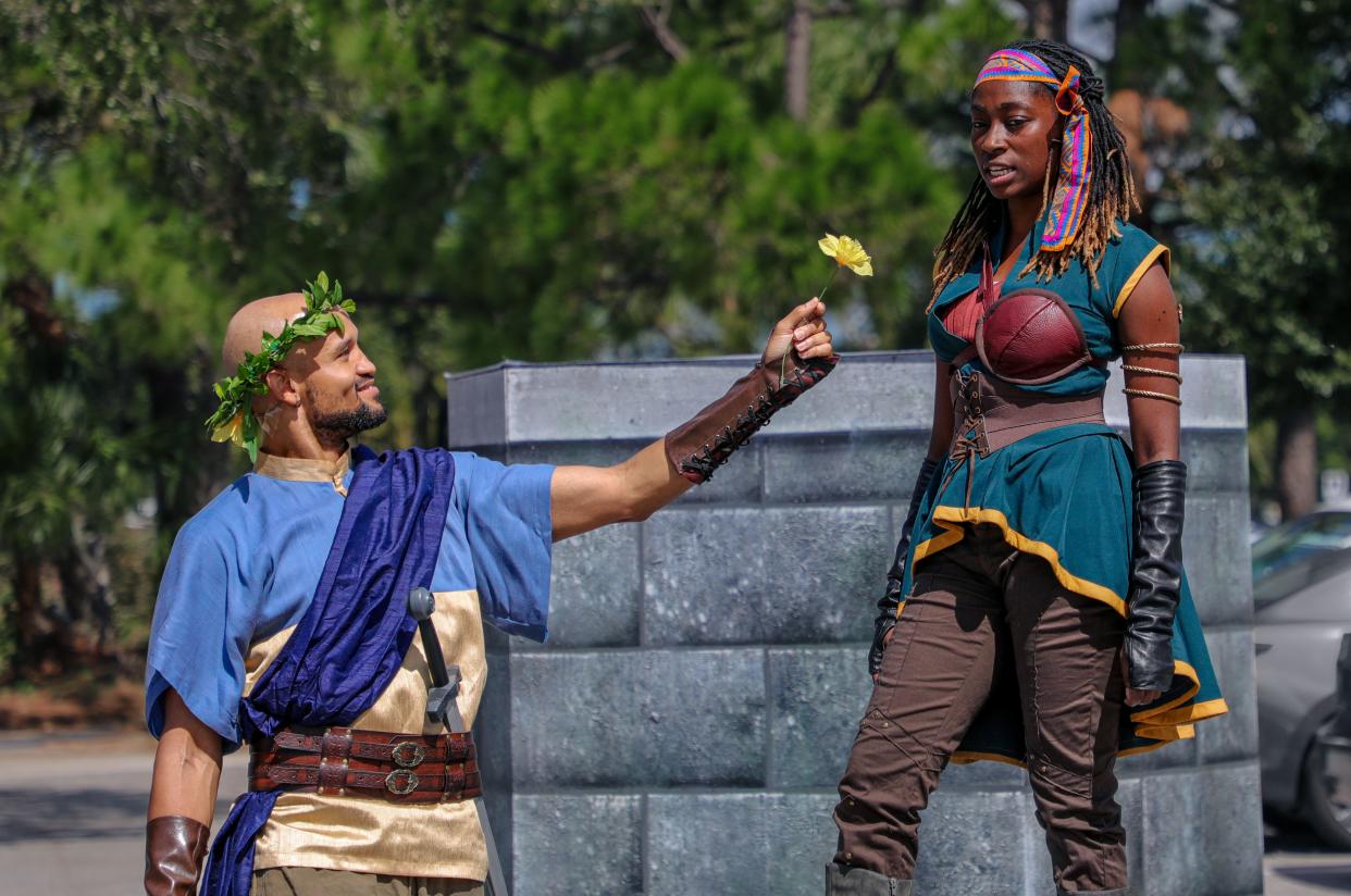 FSU/Asolo Conservatory students Jerald Wheat, left, as Odysseus and Imani Williams as Athena in the Asolo Rep on Tour production of “Looking for Ithaca: An Odyssey.”