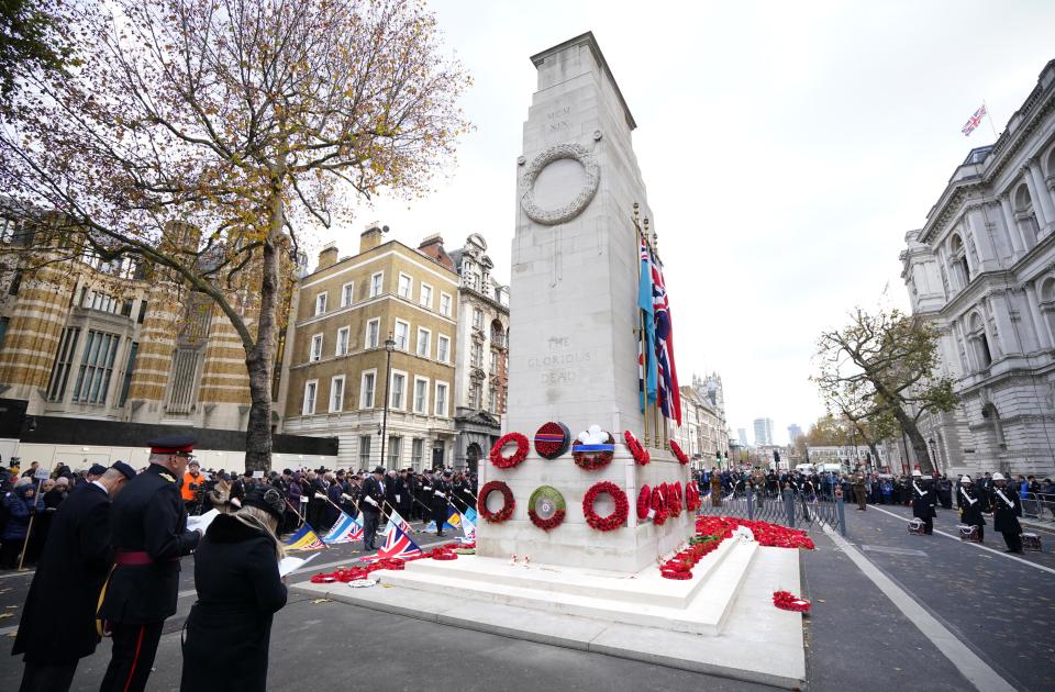 The annual Association of Jewish Ex-Servicemen and Women parade at the Cenotaph in Whitehall, London. Picture date: Sunday November 21, 2021. (Photo by Dominic Lipinski/PA Images via Getty Images)