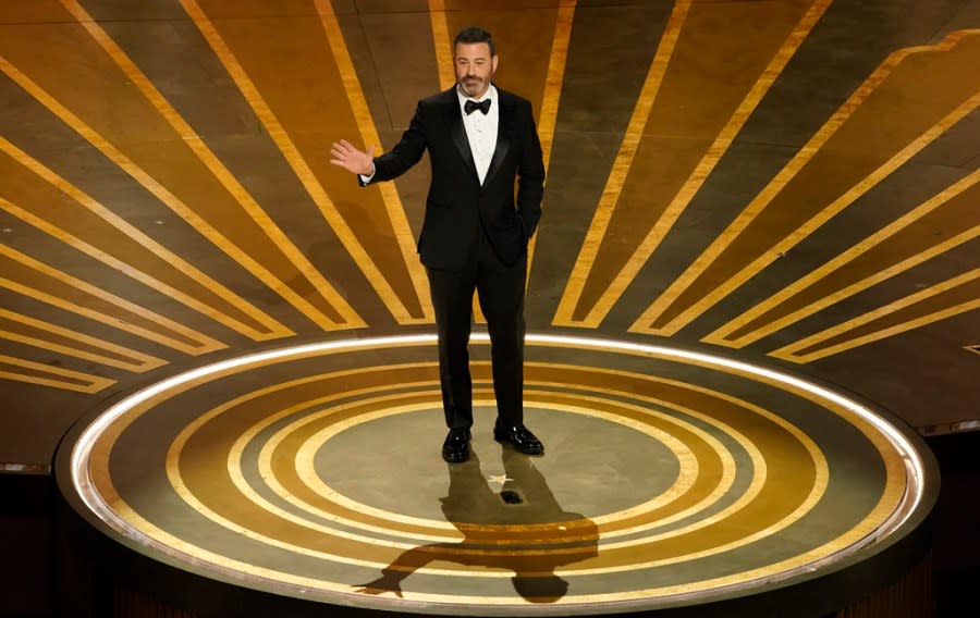 FILE – Host Jimmy Kimmel speaks at the Oscars on March 12, 2023, at the Dolby Theatre in Los Angeles. Kimmel will host the 96th Oscars on Sunday. (AP Photo/Chris Pizzello, File)