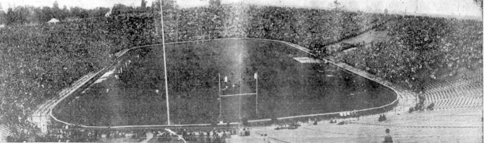 This shot of Michigan Stadium ran on the front page of the Detroit Free Press on Oct. 2, 1927, the day after the Big House hosted its first game, a 33-0 win for U-M over Ohio Wesleyan.