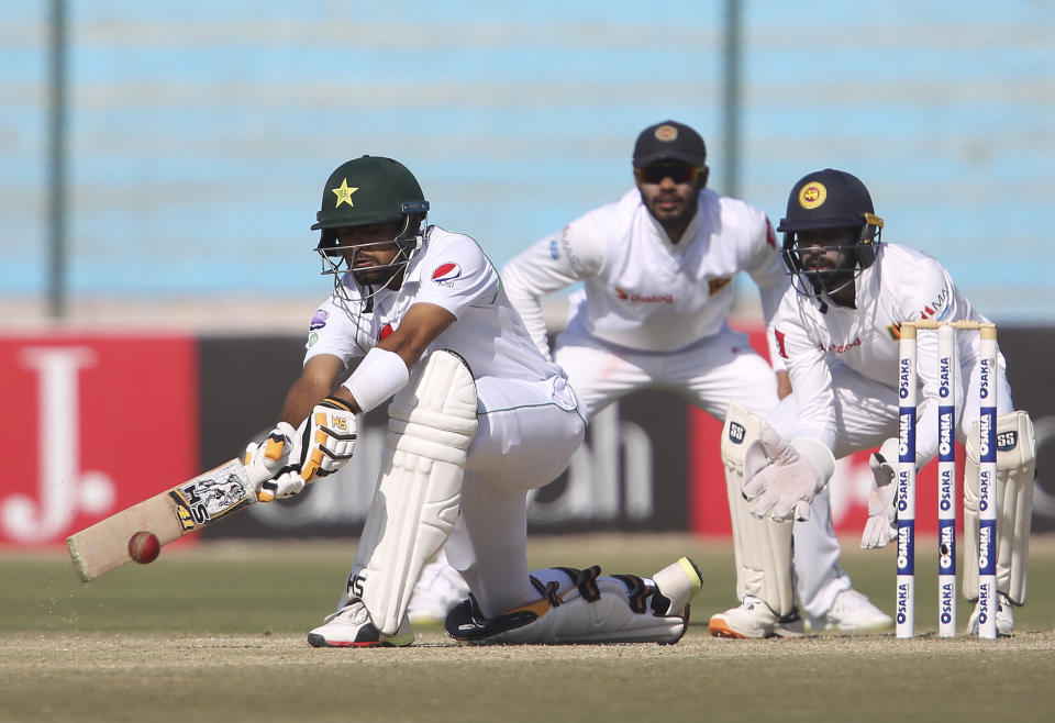 Pakistani batsman Babar Azam plays against Sri Lanka during the second Test in Karachi, Pakistan, Sunday, Dec. 22, 2019. (AP Photo/Fareed Khan)