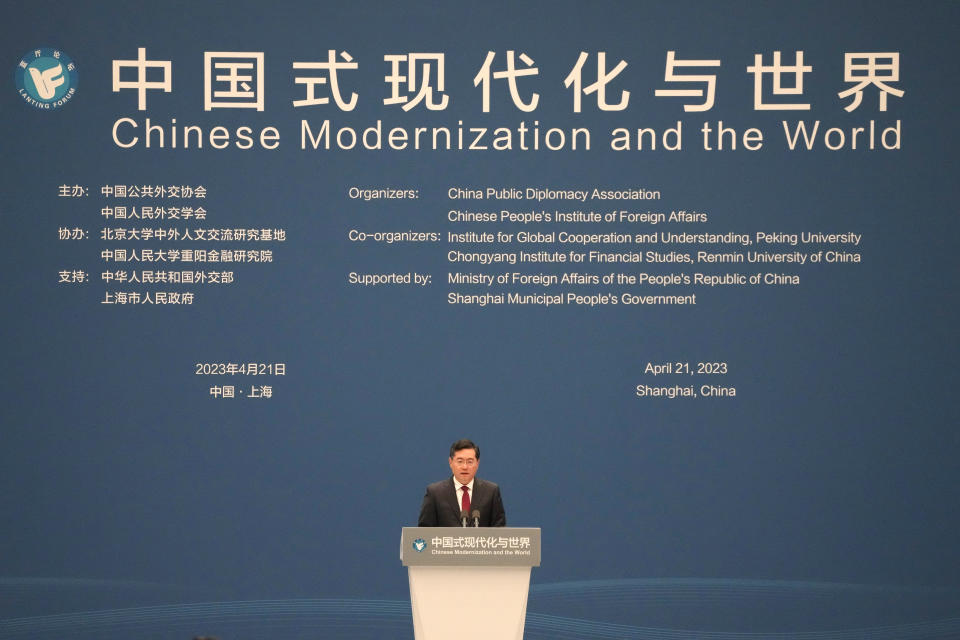 Chinese Foreign Minister Qin Gang speaks during the forum titled Chinese Modernization and the World held at The Grand Halls in Shanghai, Friday, April 21, 2023. (AP Photo/Ng Han Guan)