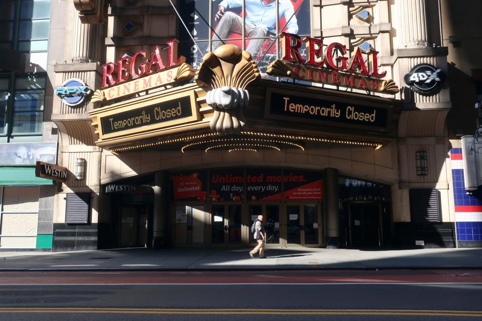 A Regal Cinemas movie theater is closed during the coronavirus pandemic on Tuesday, May 5, 2020, in New York.