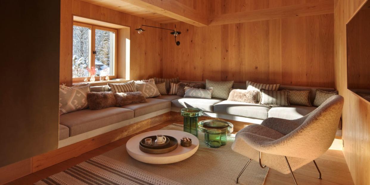 klosters chalet living room photographed by gaelle le boulicaut