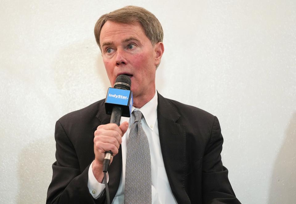 Incumbent mayor Joe Hogsett answers questions during a mayoral Democratic town hall on Tuesday, March 28, 2023 at The Indianapolis Star in Indianapolis.