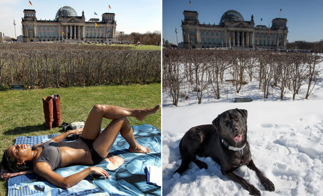 Der Platz vor dem Reichstagsgebäude in Berlin am 24.03.2012 und die gleiche Stelle genau ein Jahr später mit Hund Ferdinand im Schnee am 24.03.2013. (Bild: dpa)