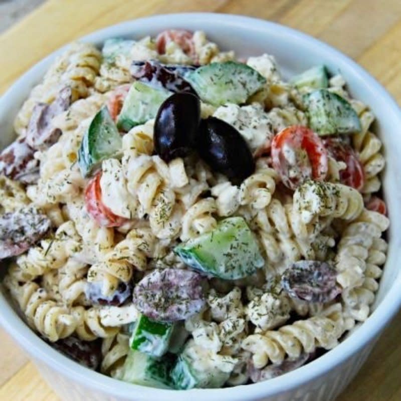 <p>Krista Marshall</p><p>Filled with all your favorite Greek salad ingredients.</p><p><strong>Get the recipe: <a href="https://parade.com/897479/kristamarshall/greek-style-pasta-salad-is-the-easiest-potluck-dish-ever/" rel="nofollow noopener" target="_blank" data-ylk="slk:Greek Pasta Salad;elm:context_link;itc:0;sec:content-canvas" class="link ">Greek Pasta Salad</a></strong></p>