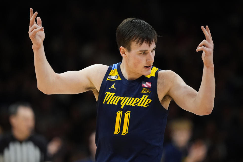 Marquette's Tyler Kolek reacts during the second half of an NCAA college basketball game against Villanova, Tuesday, Jan. 30, 2024, in Villanova, Pa. (AP Photo/Matt Slocum)