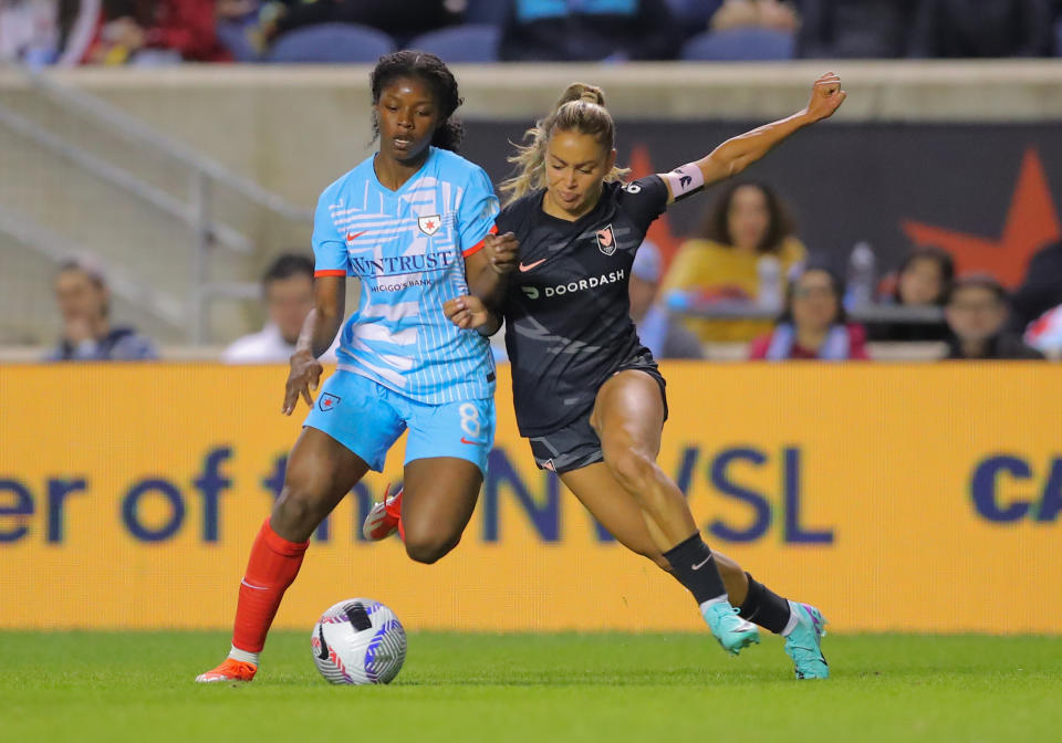 CHICAGO, IL - APRIL 13: Chicago Red Stars forward Jameese Joseph (8) and Angel City FC defender Sarah Gorden (11) battle for the ball during the second half of a NWSL match on April 13, 2024 at SeatGeek Stadium in Bridgeview, IL. (Photo by Melissa Tamez/Icon Sportswire via Getty Images)