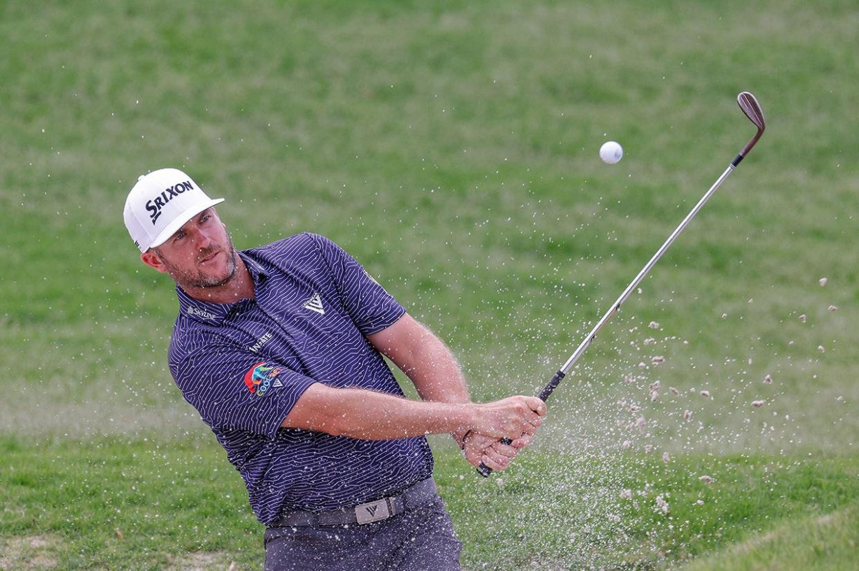 May 5, 2024; McKinney, Texas, USA; Taylor Pendrith chips for a birdie from the 2nd hole during the final round of THE CJ CUP Byron Nelson golf tournament. Mandatory Credit: Andrew Dieb-USA TODAY Sports
