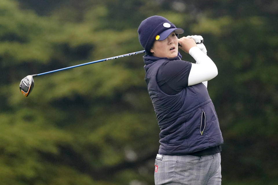 Angel Yin plays her shot from the second tee during the first round of the U.S. Women's Open golf tournament at The Olympic Club, Thursday, June 3, 2021, in San Francisco. (AP Photo/Jeff Chiu)