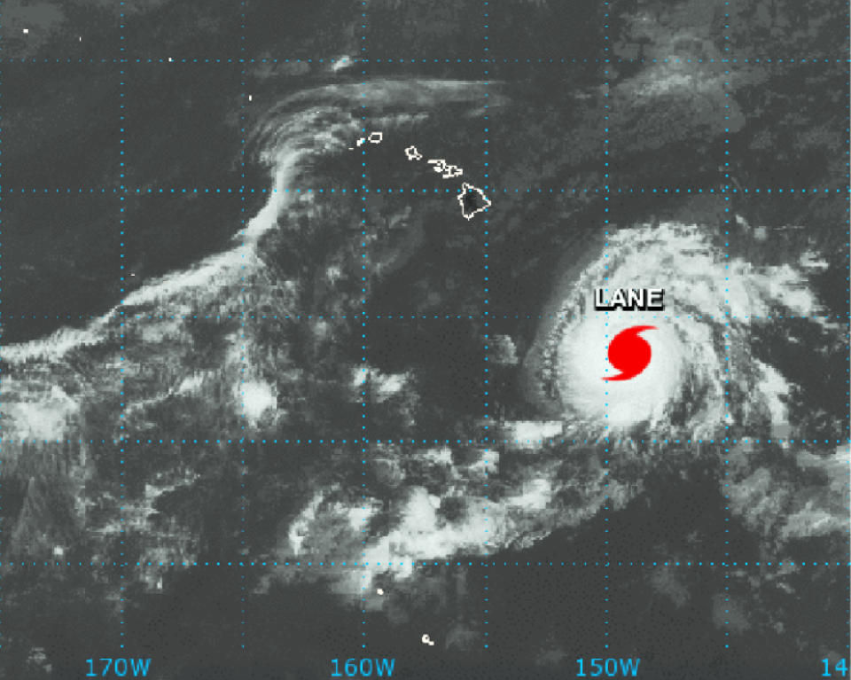 This NASA satellite imagery shows Hurricane Lane in the Central Pacific Ocean southeast of the Hawaiian Islands at 2:01 p.m. HST (21:01 GMT) Monday, Aug. 20, 2018. National Weather Service forecasters warn that the entire state of Hawaii needs to brace for a possible hurricane strike because of the uncertainty of Lane's path and its intensity. As of Monday, the storm is about 600 miles (966 kilometers) southeast of Hilo on the Big Island, or about 800 miles (1,287 kilometers) from the state's capital city of Honolulu. (NASA via AP)