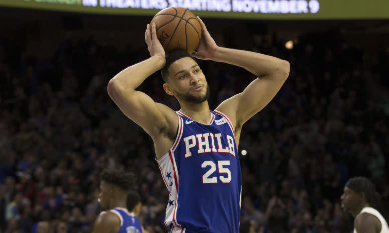 Ben Simmons reacting to a call during a game.