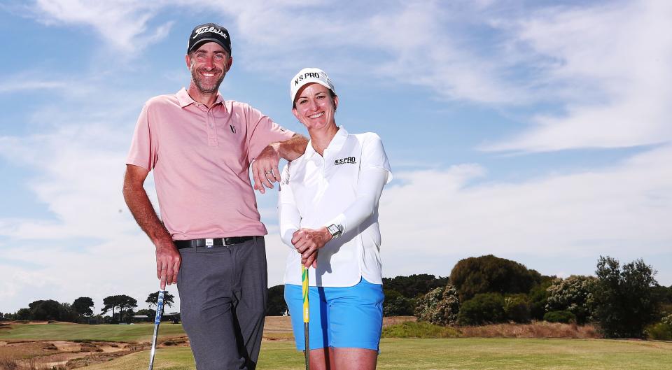 GEELONG, AUSTRALIA - FEBRUARY 06: Golfers Geoff Ogilvy and Karrie Webb of Australia pose prior to the ISPS Handa Vic Open at 13th Beach Golf Club on February 06, 2019 in Geelong, Australia. (Photo by Michael Dodge/Getty Images)