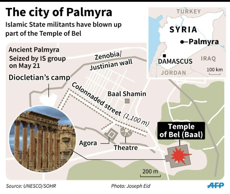 Map and photo showing the Temple of Bel, partially destroyed by IS jihadists, a week after they blew up the Baal Shamin temple