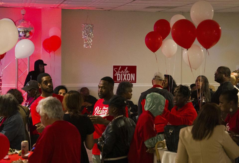 Supporter of Democratic Baltimore mayoral candidate Sheila Dixon enjoy during Dixon's primary election night watch party, Tuesday, May 14, 2024. Dixon, who previously served as the mayor of Baltimore is facing off against incumbent Brandon Scott. (Kaitlin Newman / The Baltimore Banner via AP)