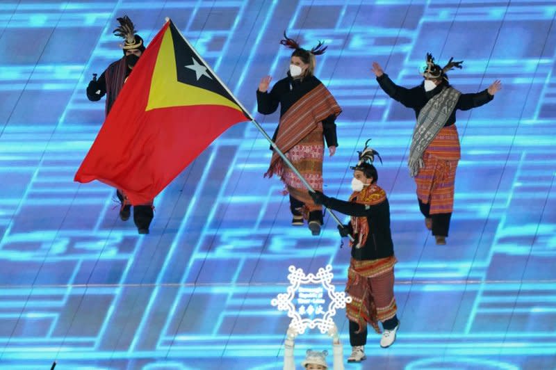 Athletes from the Democratic Republic of Timor-Leste team arrive at the Olympic opening ceremonies at National Stadium at the Beijing 2022 Winter Olympics on February 4. On May 20, 2002, East Timor, a small Pacific Coast nation, gained independence from Indonesia. It is called Timor Leste. File Photo by Richard Ellis/UPI