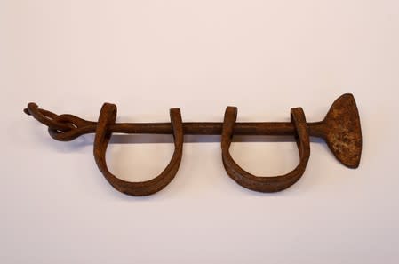 A set of shackles dating from 1750-1800 that were used to restrain and imprison enslaved Africans in the ship's hold during the 'Middle Passage' from the West Coast of Africa to the Americas, is seen at the International Slavery Museum in Liverpool