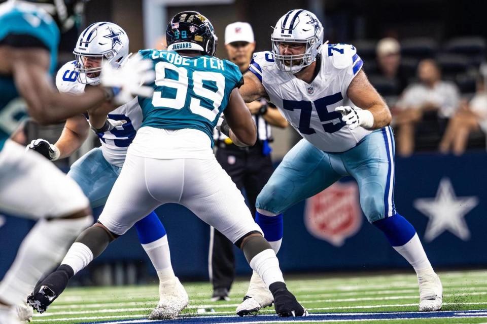 Dallas Cowboys offensive lineman Josh Ball (75) blocks Jacksonville Jaguars defensive lineman Jeremiah Ledbetter (99) in the second quarter at AT&T Stadium in Arlington, Texas on Saturday, Aug. 12, 2023. Chris Torres/ctorres@star-telegram.com