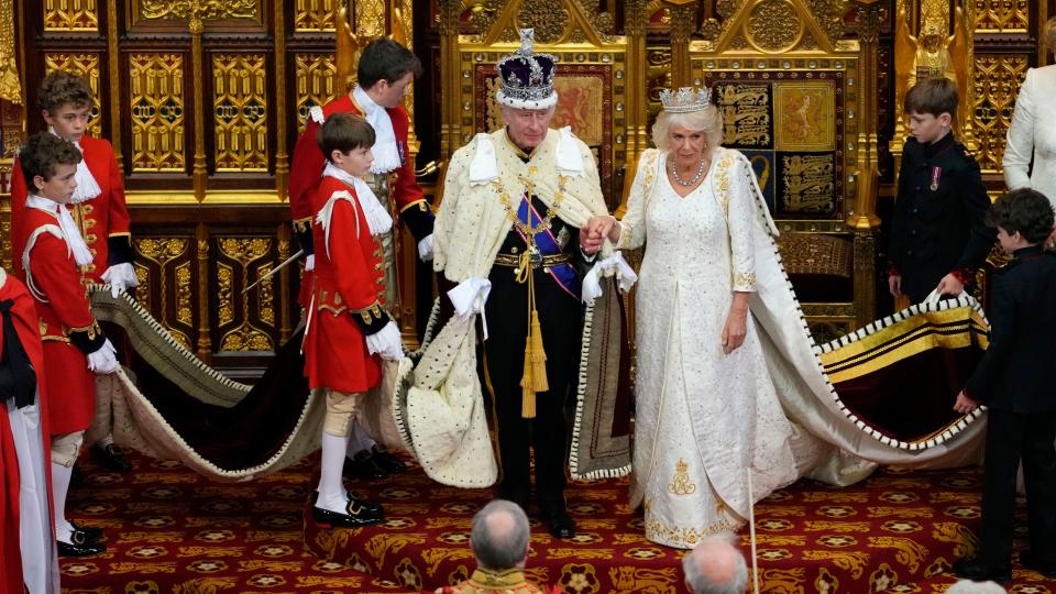 King Charles III and Queen Camilla leave after the State Opening of Parliament