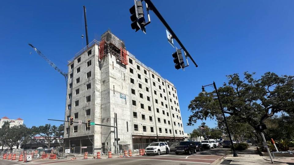 The 12-story Nine20 Manatee workforce housing project along Manatee Avenue, shown Nov. 1, 2023, is under construction.