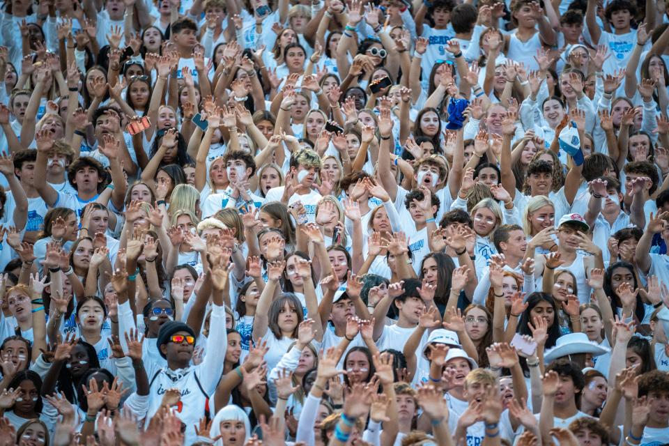 Sep 22, 2023; Delaware, Ohio, USA;
Olentangy Berlin fan section holds their hands in the air during their game against Olentangy on Friday, Sept. 22, 2023 at Olentangy Berlin. Olentangy Berlin won 27-20.