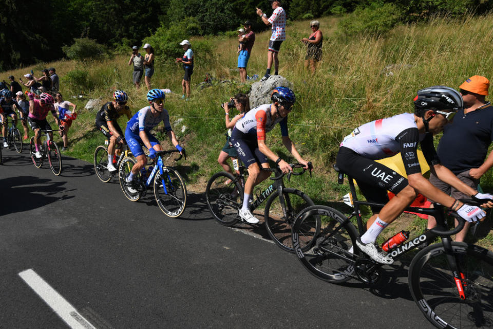 SAINTGERVAIS MONTBLANC FRANCE  JULY 16 LR Krists Neilands of Latvia and Team IsraelPremier Tech and Marc Soler of Spain and UAE Team Emirates compete in the chase group during the stage fifteen of the 110th Tour de France 2023 a 179km stage from Les Gets les Portes du Soleil to SaintGervais MontBlanc 1379m  UCIWT  on July 16 2023 in SaintGervais MontBlanc France Photo by David RamosGetty Images