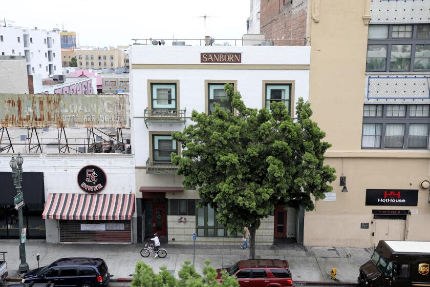 LOS ANGELES, CA - JUNE 14: Sanborn Hotel Apartments at 526 S. Main St. LA 90013 in downtown on Wednesday, June 14, 2023 in Los Angeles, CA. "Skid Row Housing Trust provides permanent supportive housing so that people who have experienced homelessness, prolonged extreme poverty, poor health, disabilities, mental illness and/or addiction can lead safe, stable lives in wellness. (Mission Statement from Skid Row Housing Trust website)." Collapse of Skid Row Housing Trust. (Gary Coronado / Los Angeles Times)