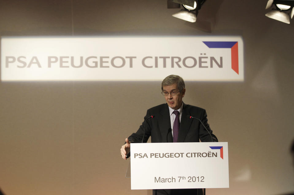 PSA Peugeot Citroen CEO Philippe Varin addresses the media on Wednesday, March 7, 2012 during the press preview days at the 82nd Geneva International Motor Show in Geneva, Switzerland.The Motor Show will open it's doors to public from 8th to the 18th of March presenting more than 260 exhibitors and more than 180 world and European premieres. (AP Photo/Frank Augstein)