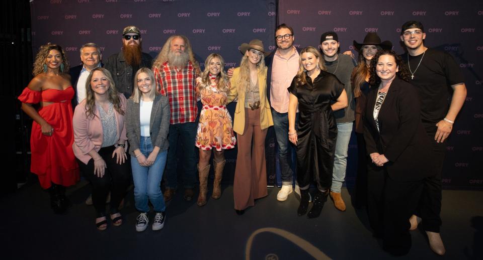 Kelly Sutton/Opry Announcer, Jamey Johnson, Isaac Gibson/49 Winchester, Josh Ross, Madeline Edwards, Lainey Wilson, Ella Langley, Anne Wilson and Chase Matthew at 2024 Opry NextStage announcement