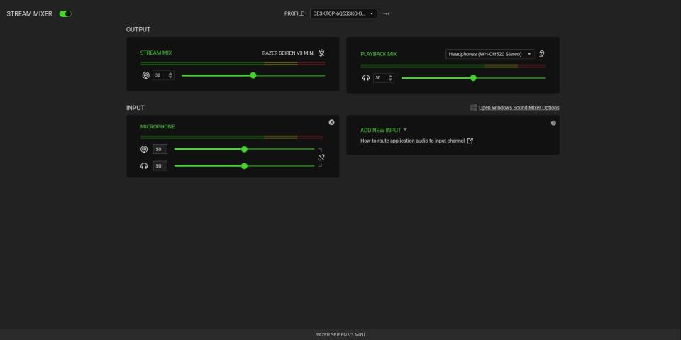 Razer Synapse digital stream mixer with Seiren V3 Mini