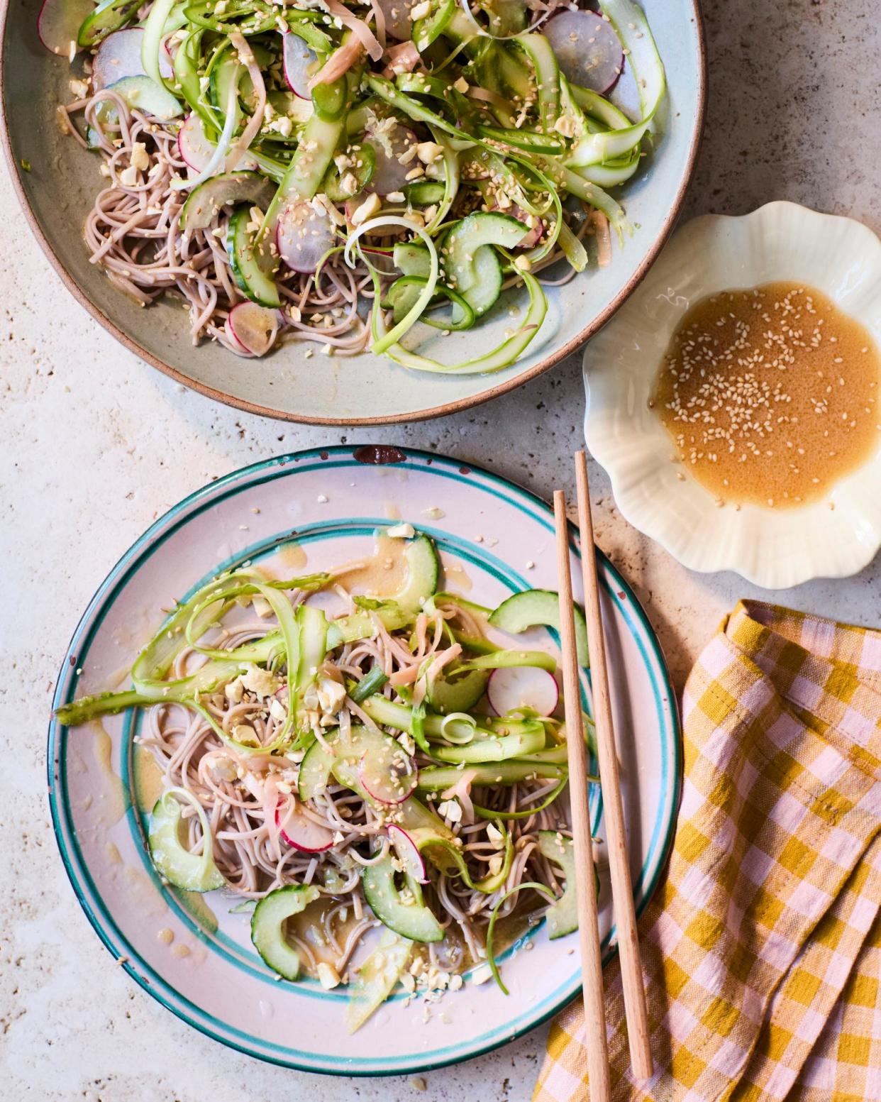 <span>Ravinder Bhogal’s asparagus with soba noodles and miso dressing.</span><span>Photograph: Ola O Smit/The Guardian. Food styling: Esther Clark. Prop styling: Anna Wilkins.</span>