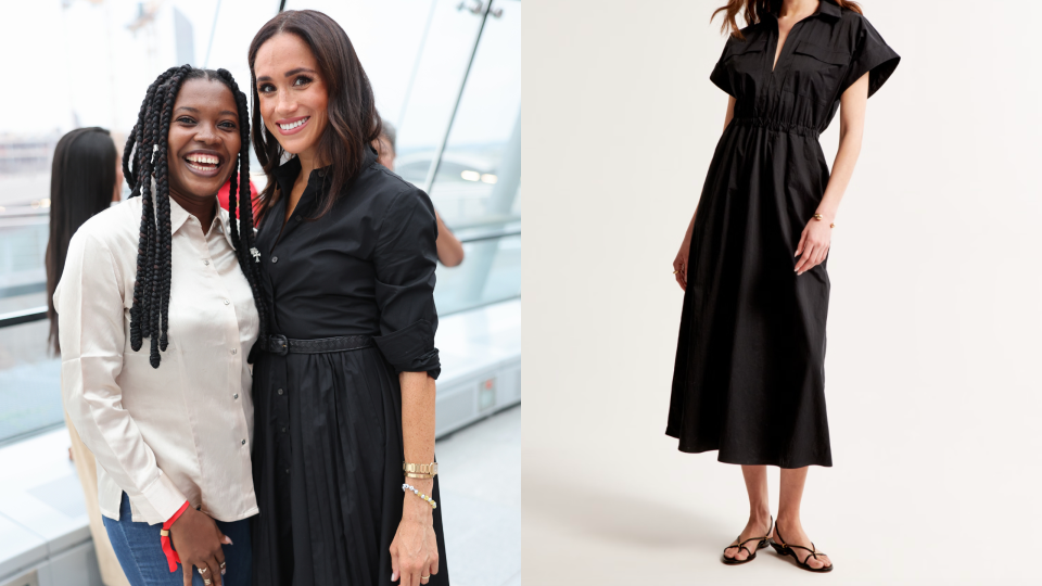 Meghan Markle during day three of the Invictus Games Düsseldorf 2023 and Abercrombie's Utility Maxi Shirt Dress (Photos via Getty & Abercrombie).