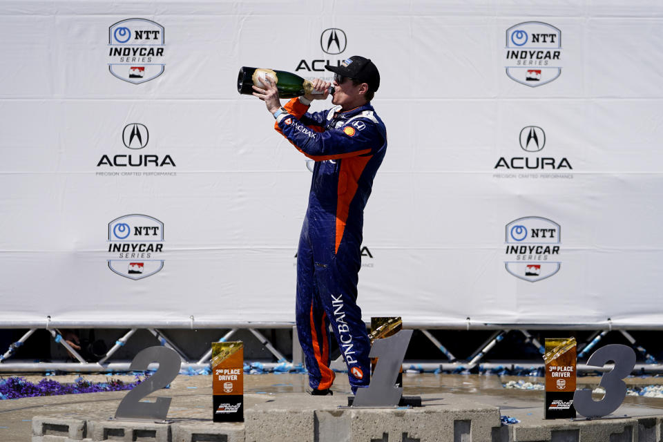 Chip Ganassi Racing driver Scott Dixon celebrates his victory during the IndyCar Grand Prix of Long Beach auto race Sunday, April 21, 2024, in Long Beach, Calif. (AP Photo/Ryan Sun)