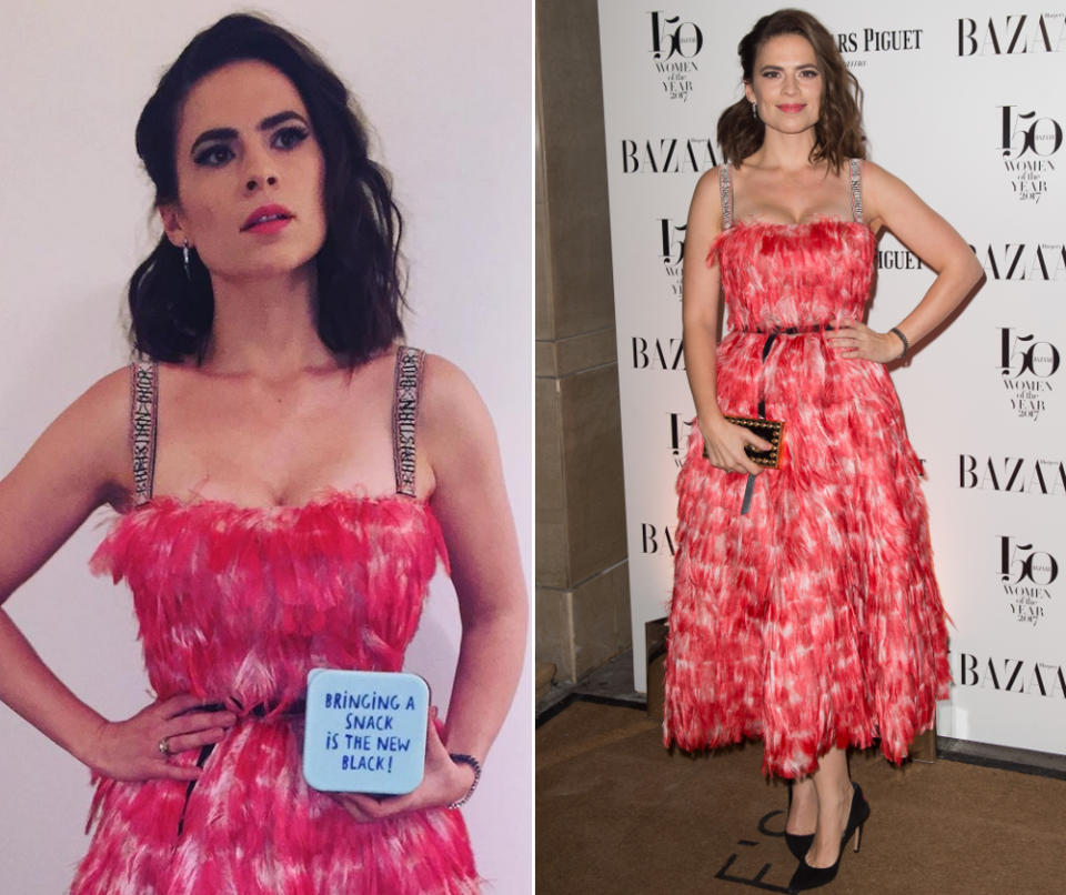 <p>„Bringing a snack is the new black“ – was hätten wir Schauspielerin Hayley Atwell dafür gefeiert, wenn sie ihre Brotzeitdose nicht nur auf Instagram, sondern auch auf den „Harper’s Bazaar“-Woman of the Year-Awards in London zu ihrem superaufregenden Feder-Dress von Christian Dior kombiniert hätte! Dazu reichte der Mut dann aber leider doch nicht. Macht nichts, denn auch mit „Normalo“-Clutch war Hayley ein absoluter Hingucker, genauso wie … (2. November 2017, Bilder: Instagram/wellhayley, Rex Features) </p>